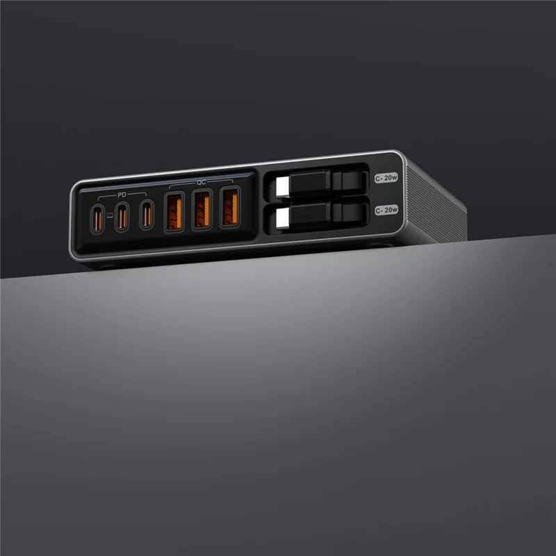 Stacja ładująca z dużą ilością portów 3 USB-C + 3 USB-A PD 3.0 + QC3.0 100 W szybkie ładowanie na biurko z dwoma wyciąganymi kablami typu C – Czarny