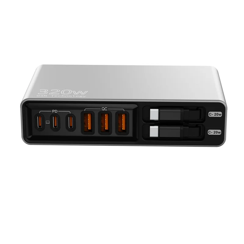 Stacja ładująca z dużą ilością portów 3 USB-C + 3 USB-A PD 3.0 + QC3.0 100 W szybkie ładowanie na biurko z dwoma wyciąganymi kablami typu C – Czarny