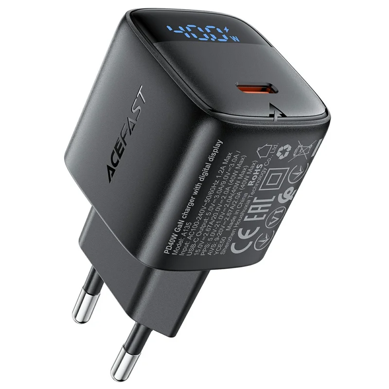 ACEFAST A135 PD 40W GaN Charger USB-C Fast Charging Power Adapter with Digital Display for Phones / Tablets, EU Plug - Black