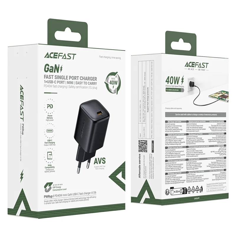 ACEFAST A136 PD 40W Mini GaN USB-C Fast Charger High Power Portable Wall Charger Adapter (EU Plug) - Black