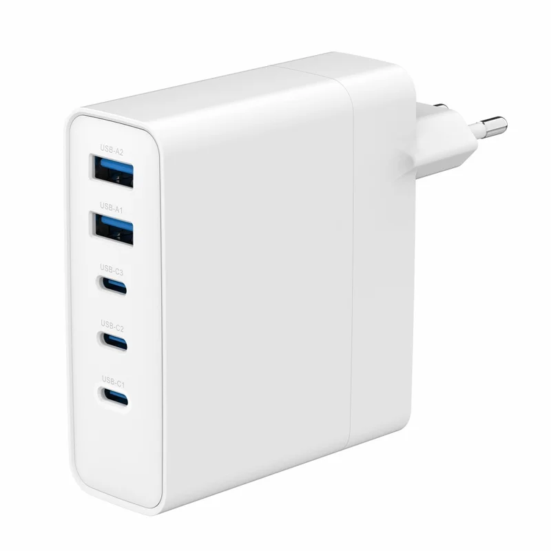 Bulk Purchasing 100W Fast Charging Power Adapter 3 Type-C + 2 USB-A PD 3.0 + QC3.0 GAN Charger for iPhone / Samsung / Xiaomi, EU Plug - White