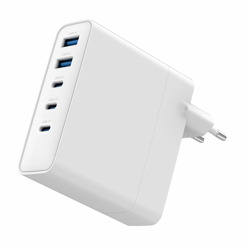 Bulk Purchasing 100W Fast Charging Power Adapter 3 Type-C + 2 USB-A PD 3.0 + QC3.0 GAN Charger for iPhone / Samsung / Xiaomi, EU Plug - White