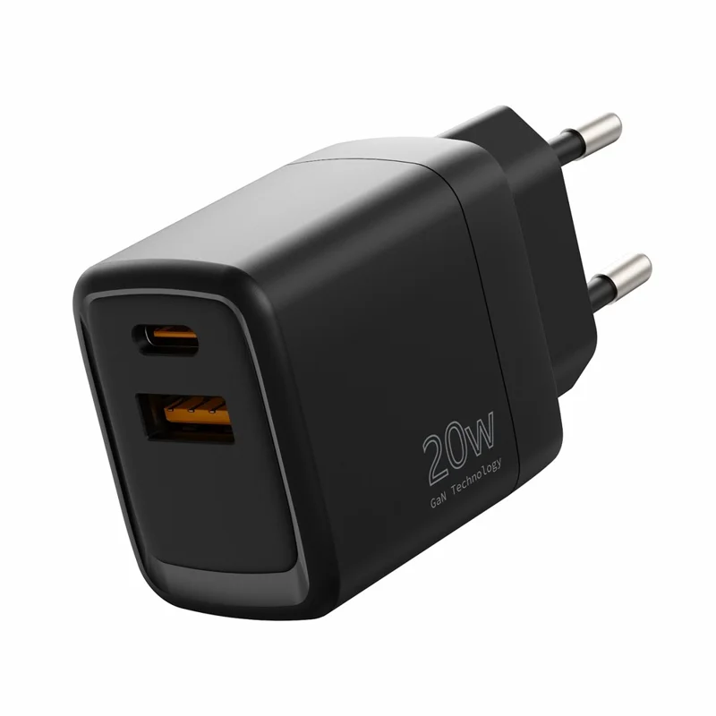 Bulk Purchasing 20W GaN Charger USB-A + Type-C PD 3.0 + QC3.0 Fast Charging Adapter for Smartphones  /  Tablets, EU Plug - Black