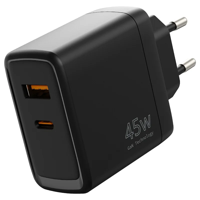 Bulk Purchasing PD 3.0 + QC3.0 45W USB + Type-C Fast Charging GaN Charger for Phone / Tablet / Laptop Wall Adapter, EU Plug - Black