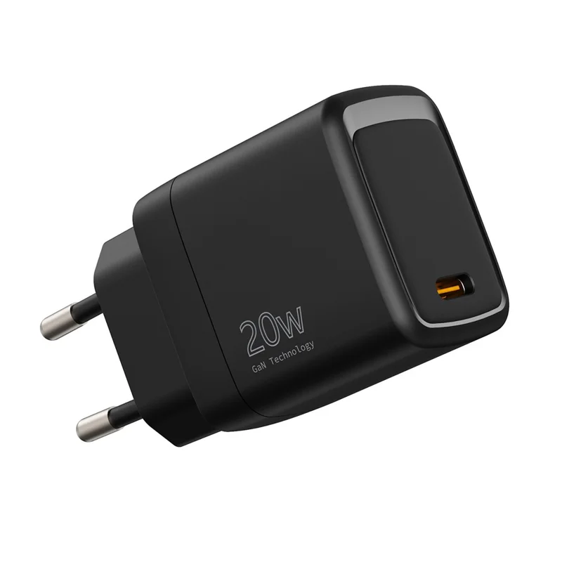Cargador GaN USB-C de 20 W con PD 3.0 + QC3.0 para compra al por mayor, adaptador de alimentación de carga rápida, enchufe UE - Negro