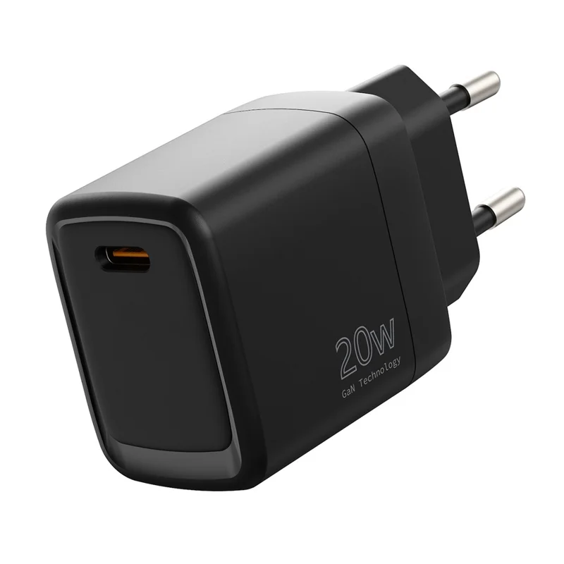 Cargador GaN USB-C de 20 W con PD 3.0 + QC3.0 para compra al por mayor, adaptador de alimentación de carga rápida, enchufe UE - Negro
