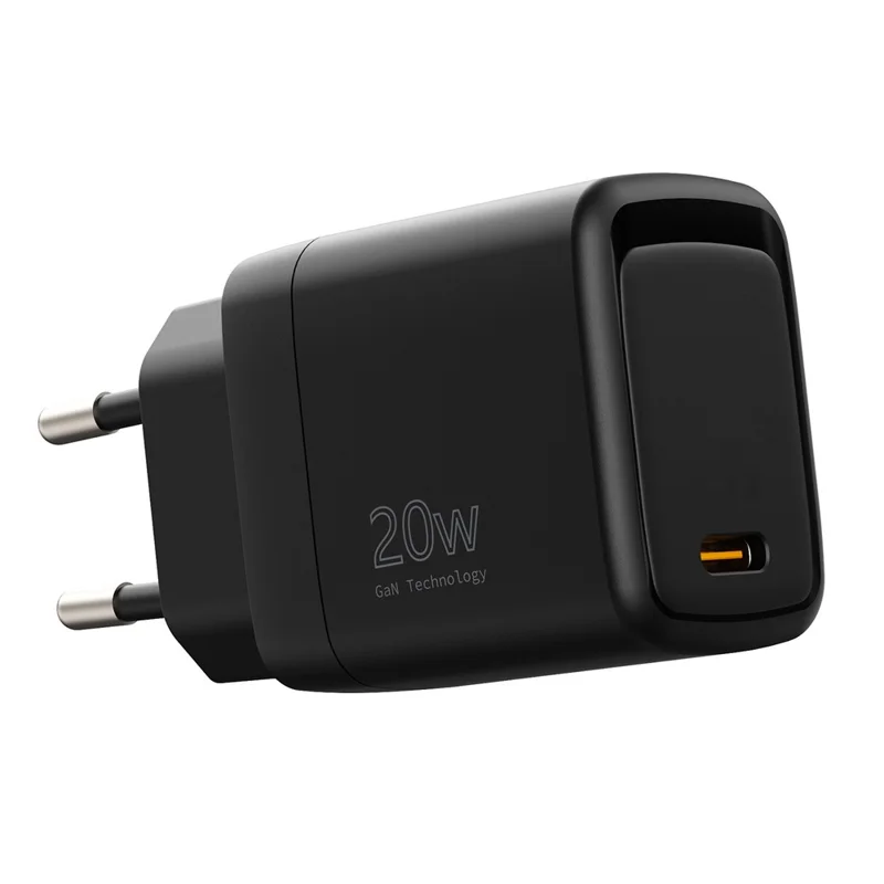 Cargador GaN USB-C de 20 W con PD 3.0 + QC3.0 para compra al por mayor, adaptador de alimentación de carga rápida, enchufe UE - Negro