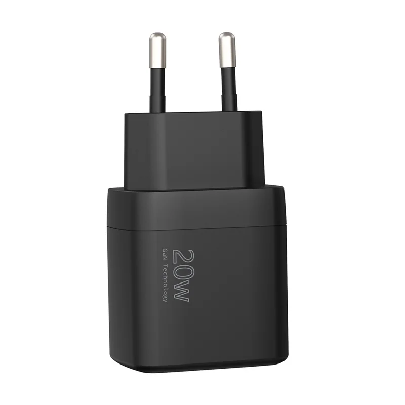 Cargador GaN USB-C de 20 W con PD 3.0 + QC3.0 para compra al por mayor, adaptador de alimentación de carga rápida, enchufe UE - Negro
