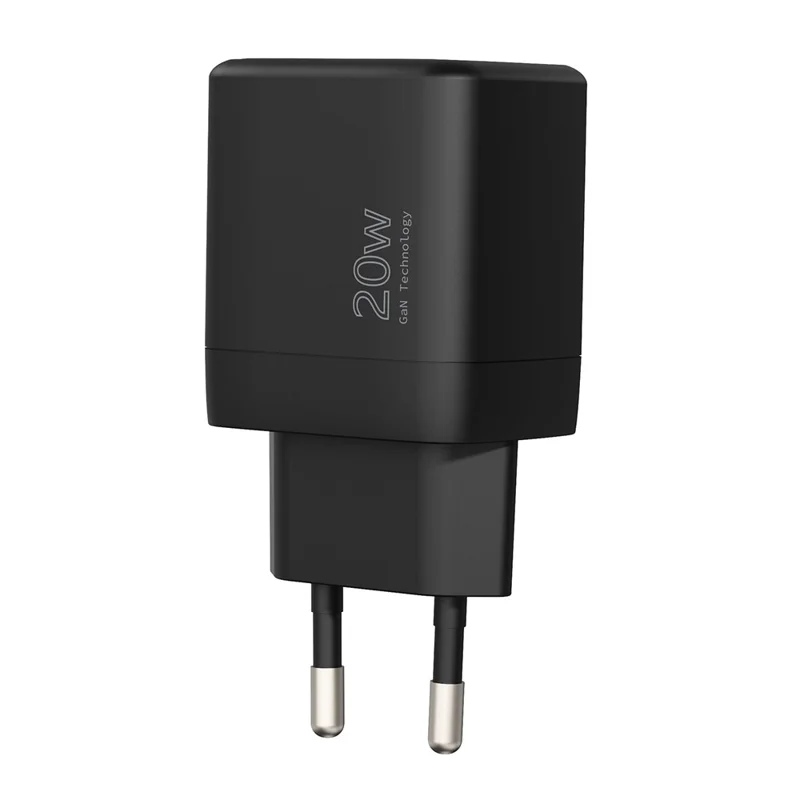 Cargador GaN USB-C de 20 W con PD 3.0 + QC3.0 para compra al por mayor, adaptador de alimentación de carga rápida, enchufe UE - Negro