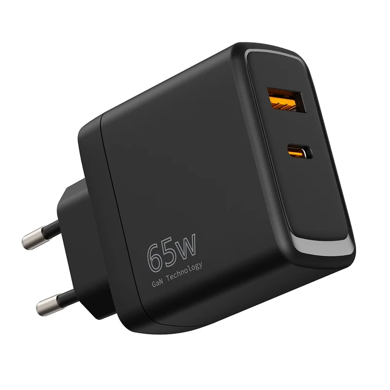 Cargador GaN rápido de 65 W con USB y Tipo-C PD 3.0 + QC3.0 para teléfono/tableta/portátil, cargador de pared enchufe UE - Negro, compra por volumen