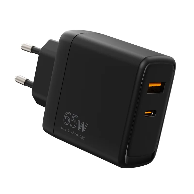 Cargador GaN rápido de 65 W con USB y Tipo-C PD 3.0 + QC3.0 para teléfono/tableta/portátil, cargador de pared enchufe UE - Negro, compra por volumen