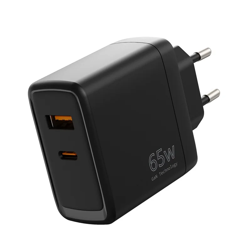 Cargador GaN rápido de 65 W con USB y Tipo-C PD 3.0 + QC3.0 para teléfono/tableta/portátil, cargador de pared enchufe UE - Negro, compra por volumen