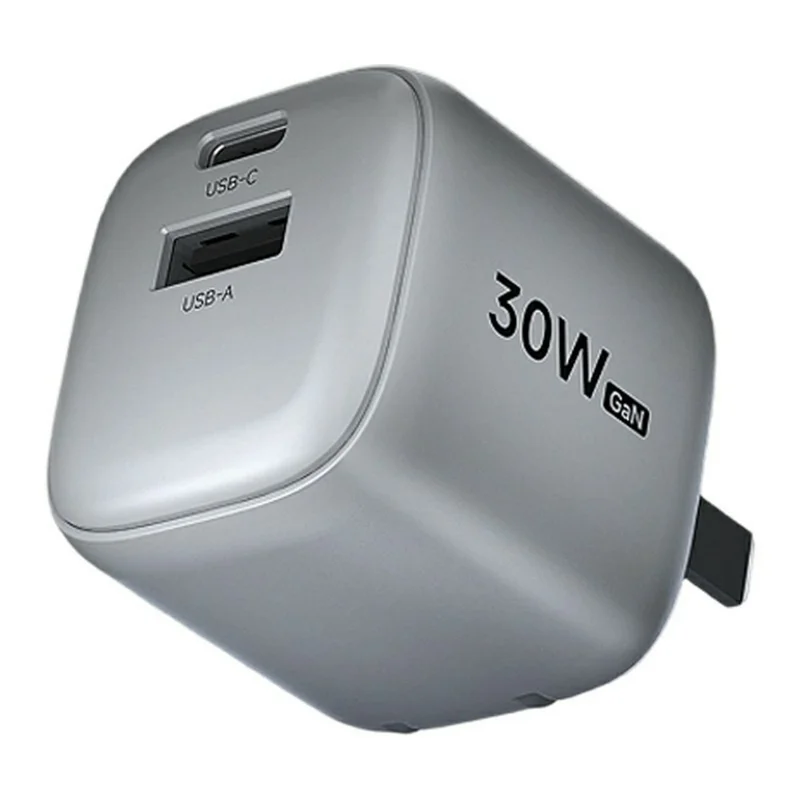 Carga en masa MOVA-AEFD A1002 Cargador GaN de 30 W con doble puerto USB-C / USB-A Adaptador de carga rápida - Plata / Enchufe EE. UU.