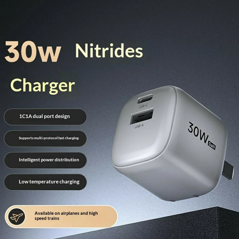 Carga en masa MOVA-AEFD A1002 Cargador GaN de 30 W con doble puerto USB-C / USB-A Adaptador de carga rápida - Plata / Enchufe EE. UU.