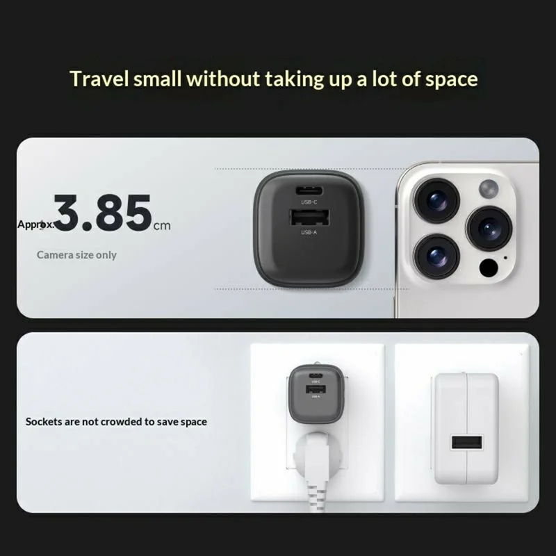 Carga en masa MOVA-AEFD A1002 Cargador GaN de 30 W con doble puerto USB-C / USB-A Adaptador de carga rápida - Plata / Enchufe EE. UU.