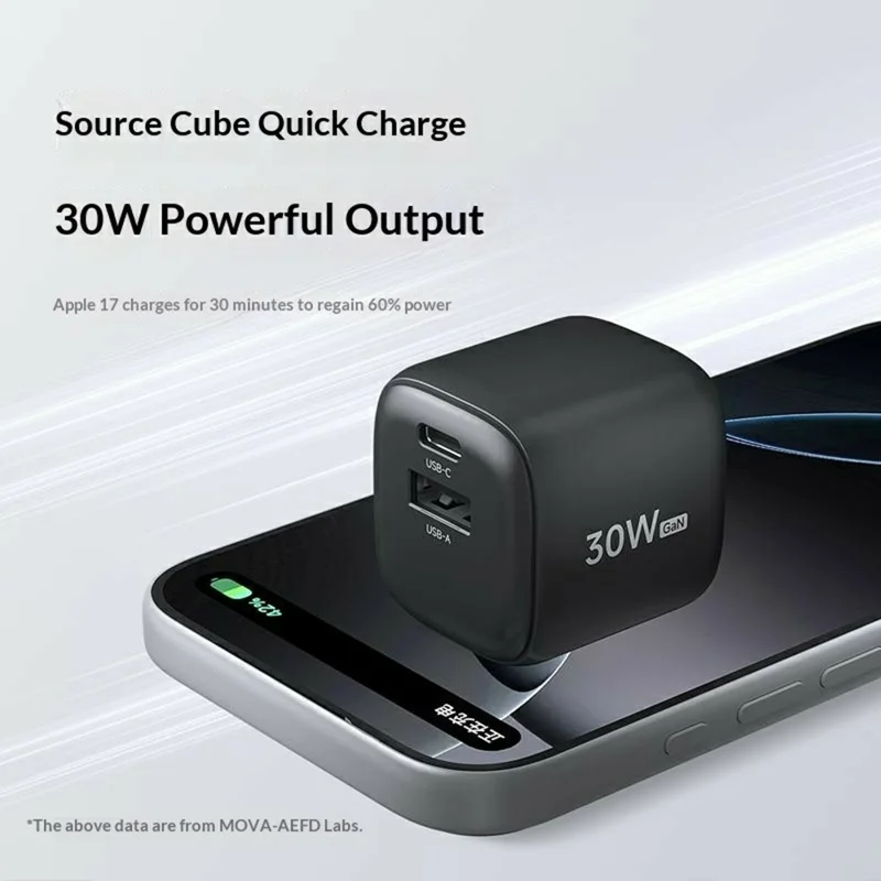 Carga en masa MOVA-AEFD A1002 Cargador GaN de 30 W con doble puerto USB-C / USB-A Adaptador de carga rápida - Plata / Enchufe EE. UU.