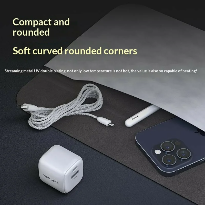 Carga en masa MOVA-AEFD A1002 Cargador GaN de 30 W con doble puerto USB-C / USB-A Adaptador de carga rápida - Plata / Enchufe EE. UU.