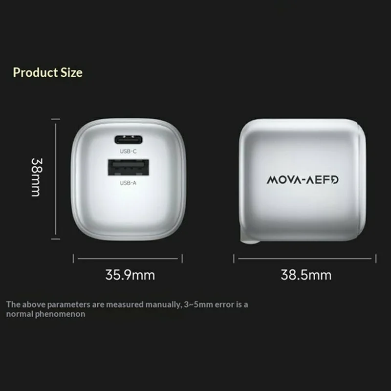 Carga en masa MOVA-AEFD A1002 Cargador GaN de 30 W con doble puerto USB-C / USB-A Adaptador de carga rápida - Plata / Enchufe EE. UU.