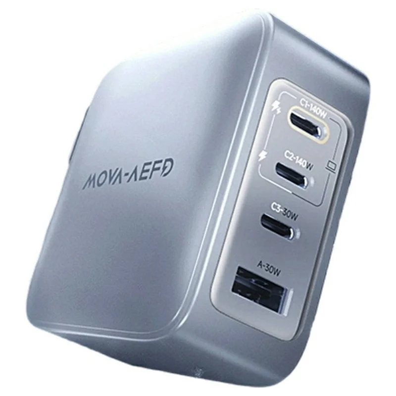 Compra al por mayor MOVA-AEFD A1008 Cargador GaN de 140 W Adaptador de carga rápida de múltiples puertos 3C1A con distribución inteligente de energía - Plata / Enchufe estadounidense