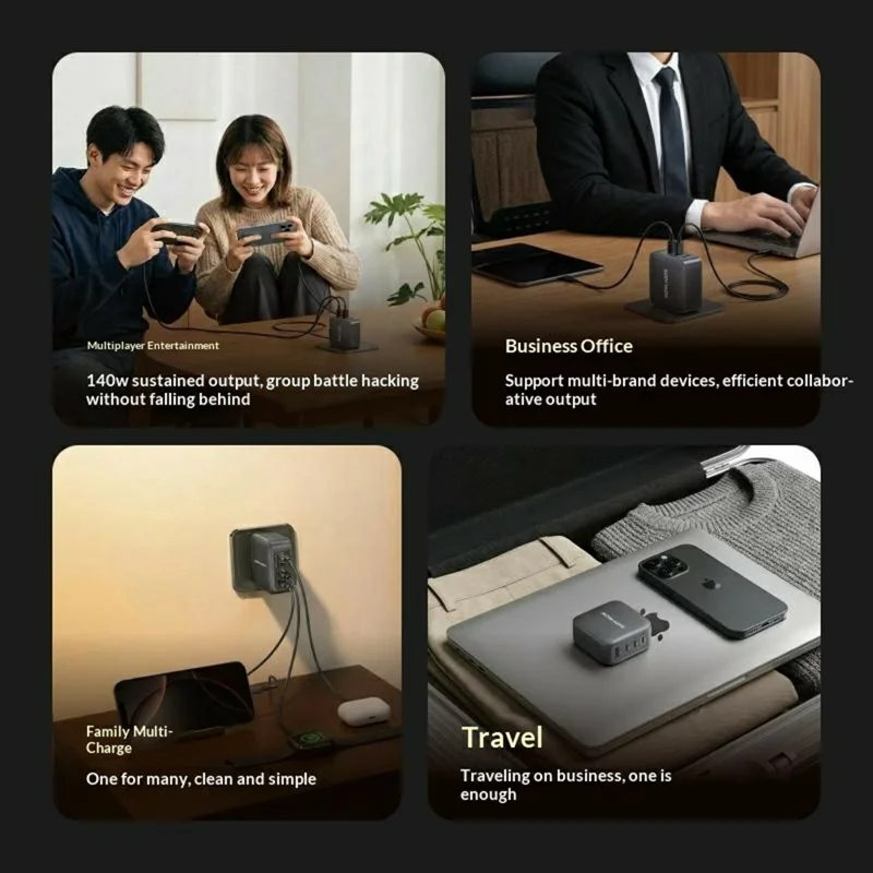 Compra al por mayor MOVA-AEFD A1008 Cargador GaN de 140 W Adaptador de carga rápida de múltiples puertos 3C1A con distribución inteligente de energía - Plata / Enchufe estadounidense