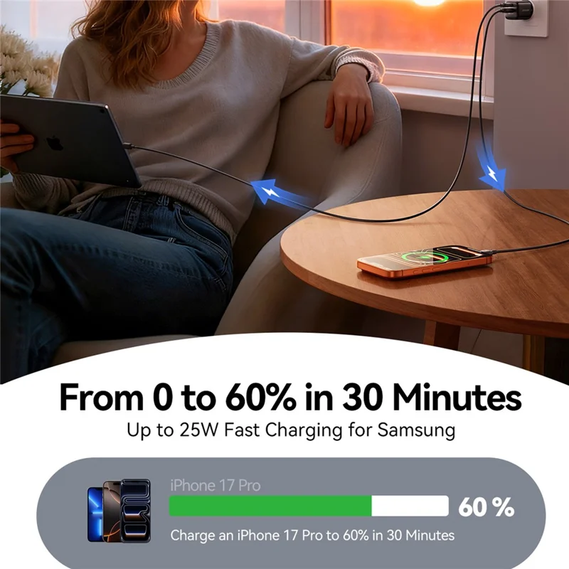 Chargeur rapide JOYROOM JR-TG7 PD QC3.0 30 W, adaptateur secteur double port USB-C + USB-A pour téléphone et tablette - prise UE / noir