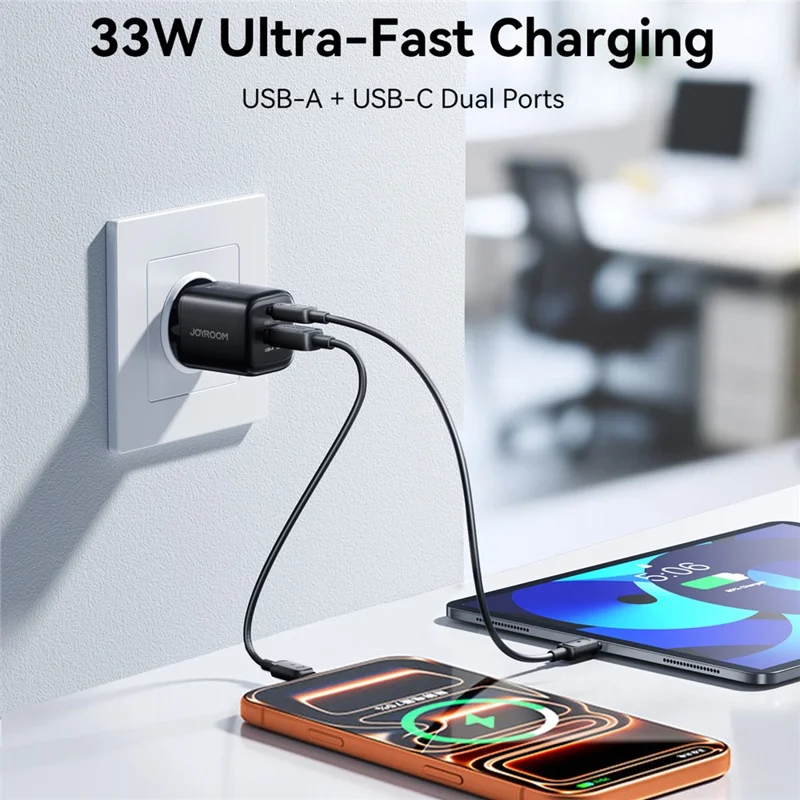 Chargeur rapide JOYROOM JR-TG7 PD QC3.0 30 W, adaptateur secteur double port USB-C + USB-A pour téléphone et tablette - prise UE / noir