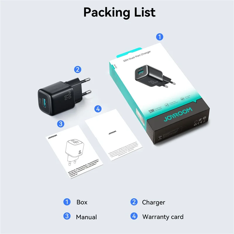 Chargeur rapide JOYROOM JR-TG7 PD QC3.0 30 W, adaptateur secteur double port USB-C + USB-A pour téléphone et tablette - prise UE / noir