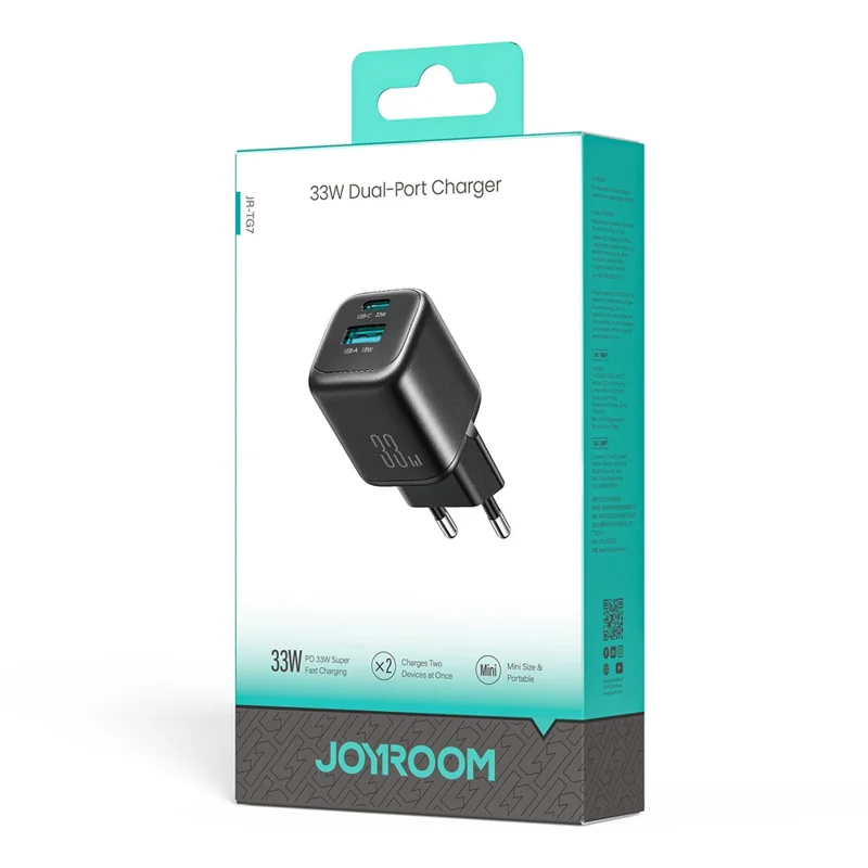 Chargeur rapide JOYROOM JR-TG7 PD QC3.0 30 W, adaptateur secteur double port USB-C + USB-A pour téléphone et tablette - prise UE / noir