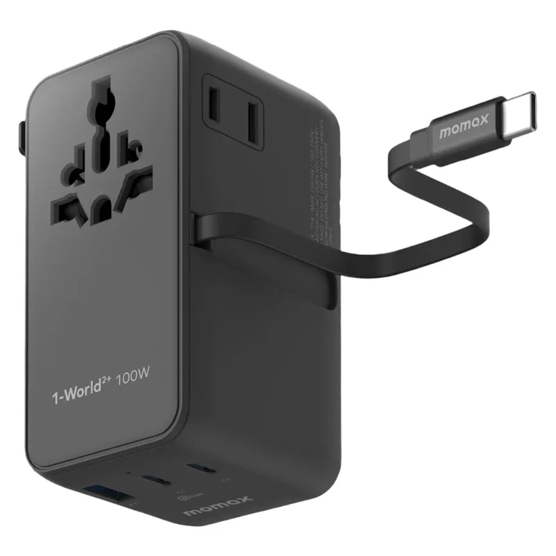 MOMAX UA30 1-World2+ Dual AC Universal Travel Adapter GaN 70W International Power Adapter Built-in Retractable Cable - Black