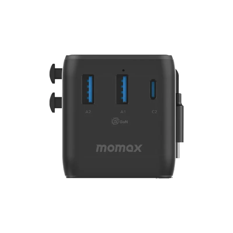 MOMAX UA30 1-World2+ Dual AC Universal Travel Adapter GaN 70W International Power Adapter Built-in Retractable Cable - Black