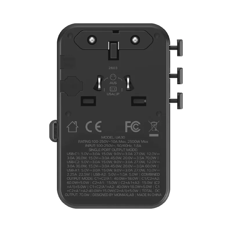 MOMAX UA30 1-World2+ Dual AC Universal Travel Adapter GaN 70W International Power Adapter Built-in Retractable Cable - Black