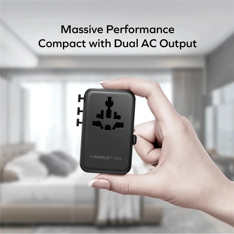 MOMAX UA30 1-World2+ Dual AC Universal Travel Adapter GaN 70W International Power Adapter Built-in Retractable Cable - Black