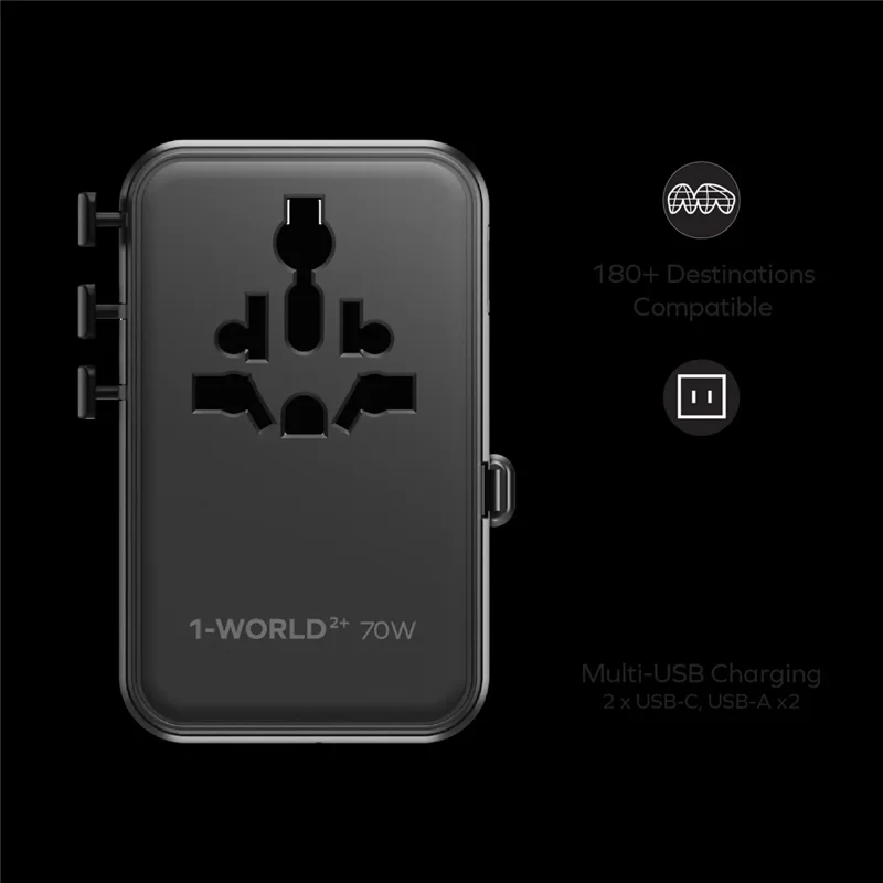 MOMAX UA30 1-World2+ Dual AC Universal Travel Adapter GaN 70W International Power Adapter Built-in Retractable Cable - Black