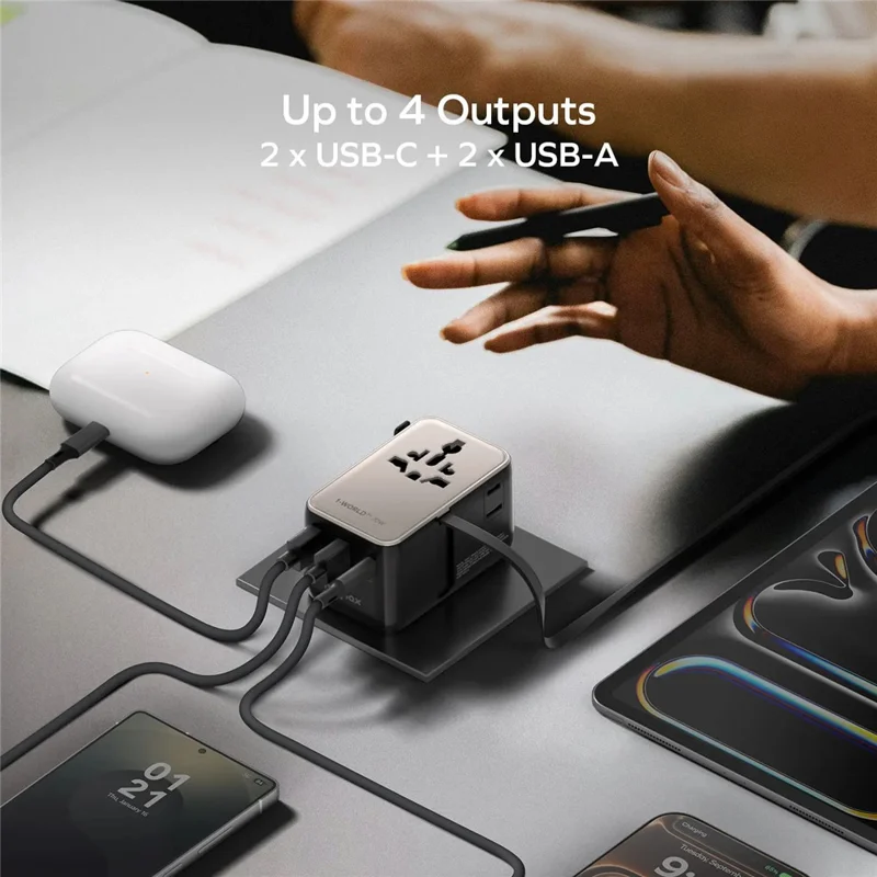 MOMAX UA30 1-World2+ Dual AC Universal Travel Adapter GaN 70W International Power Adapter Built-in Retractable Cable - Black