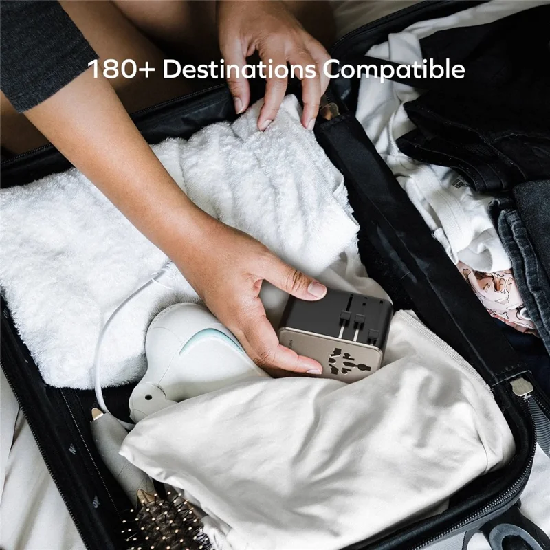 MOMAX UA30 1-World2+ Dual AC Universal Travel Adapter GaN 70W International Power Adapter Built-in Retractable Cable - Black