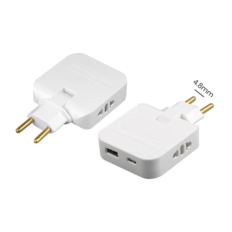 4 i 1 strømforsyning med USB-A + USB-C + 2 AC-stikkontakter, 180 graders roterbar EU-stikker, 2500W rejseomformer - Hvid