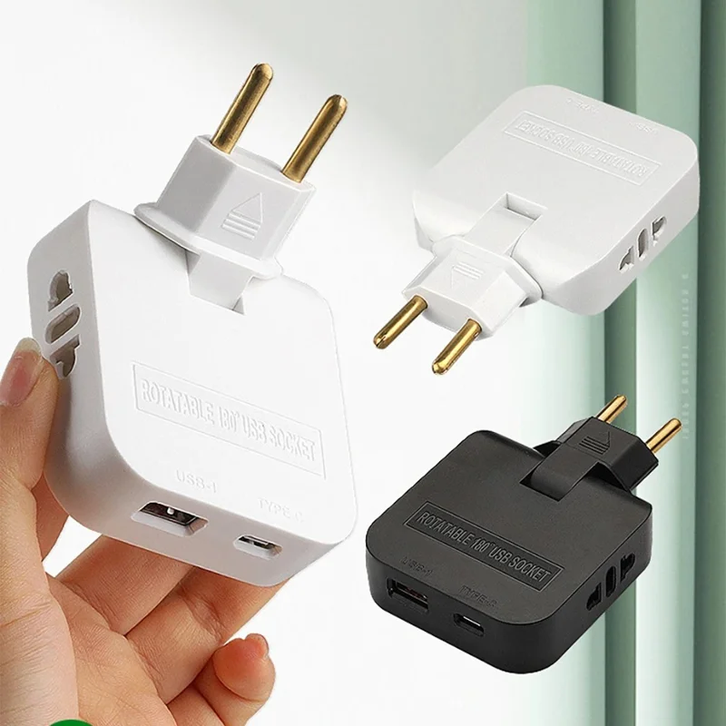 4 i 1 strømforsyning med USB-A + USB-C + 2 AC-stikkontakter, 180 graders roterbar EU-stikker, 2500W rejseomformer - Hvid