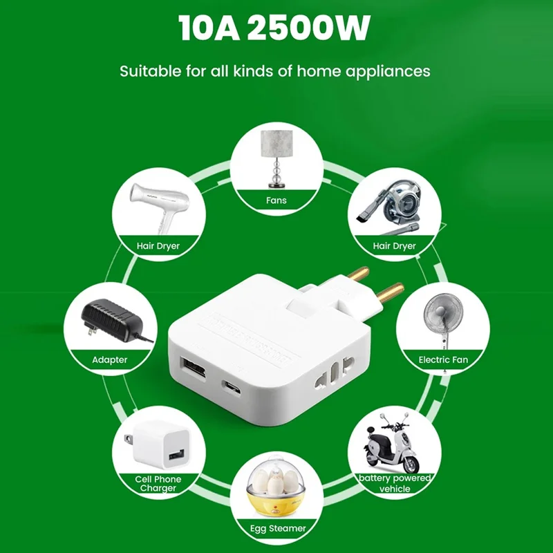 4 i 1 strømforsyning med USB-A + USB-C + 2 AC-stikkontakter, 180 graders roterbar EU-stikker, 2500W rejseomformer - Hvid