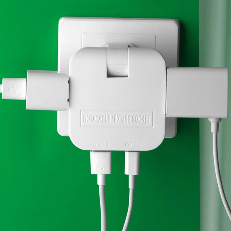 4 i 1 strømforsyning med USB-A + USB-C + 2 AC-stikkontakter, 180 graders roterbar EU-stikker, 2500W rejseomformer - Hvid