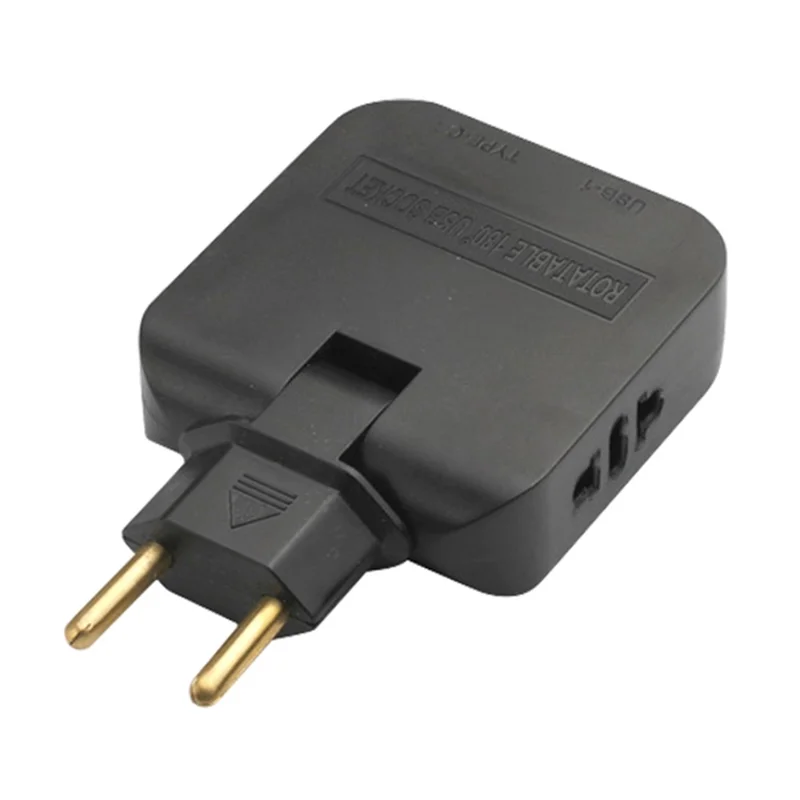 4 in 1 Power Adapter with USB-A + USB-C + 2 AC Outlets 180 Degree Rotatable EU Plug 2500W Travel Converter - Black