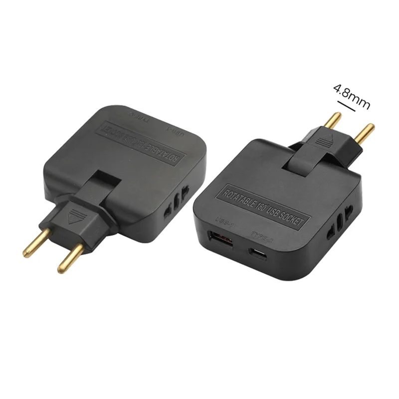 4 in 1 Power Adapter with USB-A + USB-C + 2 AC Outlets 180 Degree Rotatable EU Plug 2500W Travel Converter - Black