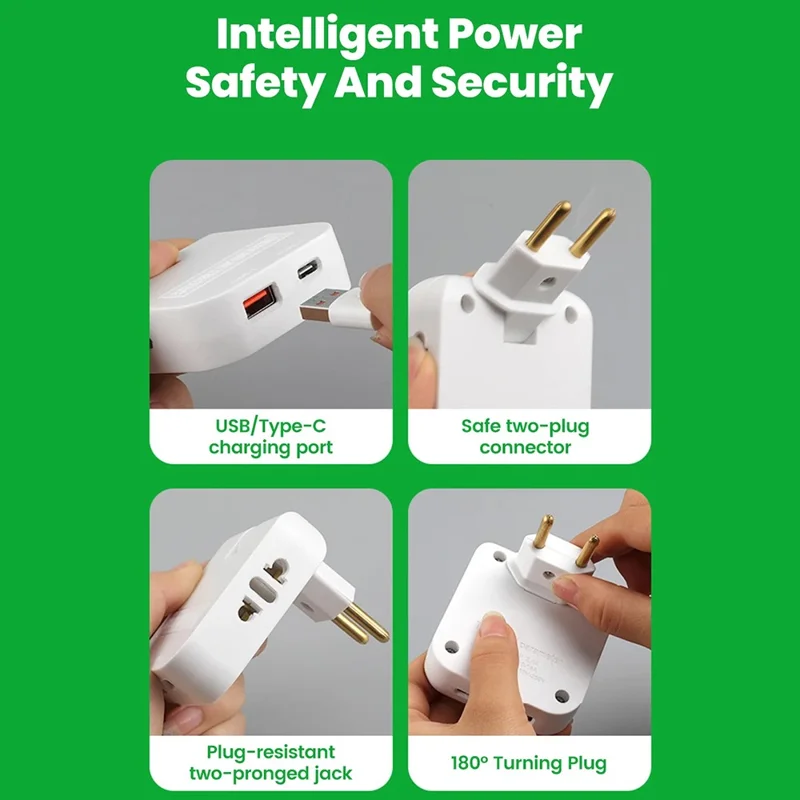 4 in 1 Power Adapter with USB-A + USB-C + 2 AC Outlets 180 Degree Rotatable EU Plug 2500W Travel Converter - Black