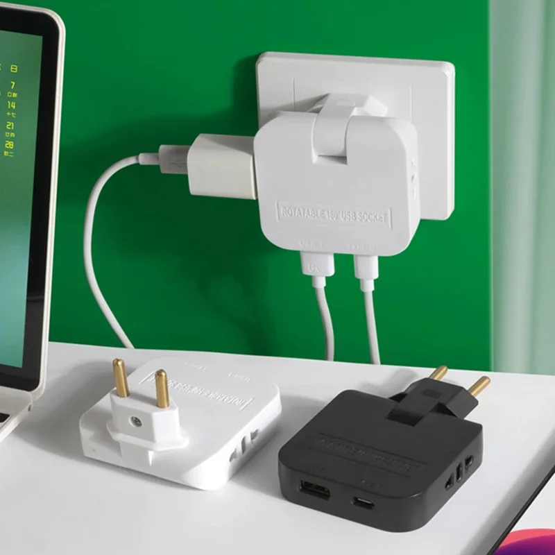 4 in 1 Power Adapter with USB-A + USB-C + 2 AC Outlets 180 Degree Rotatable EU Plug 2500W Travel Converter - Black