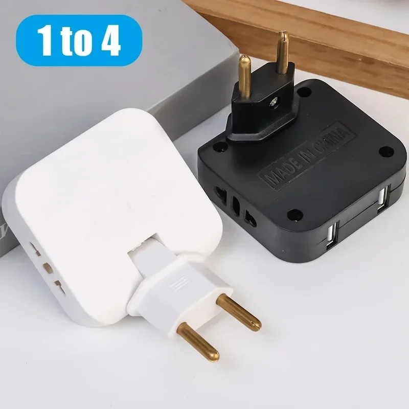 4 i 1 strømforsyning med 2 USB-A + 2 AC-stikkontakter, 180 graders roterbar EU-stikker, 2500 W rejseomformer - Sort