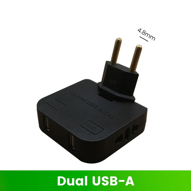 4 i 1 strømforsyning med 2 USB-A + 2 AC-stikkontakter, 180 graders roterbar EU-stikker, 2500 W rejseomformer - Sort