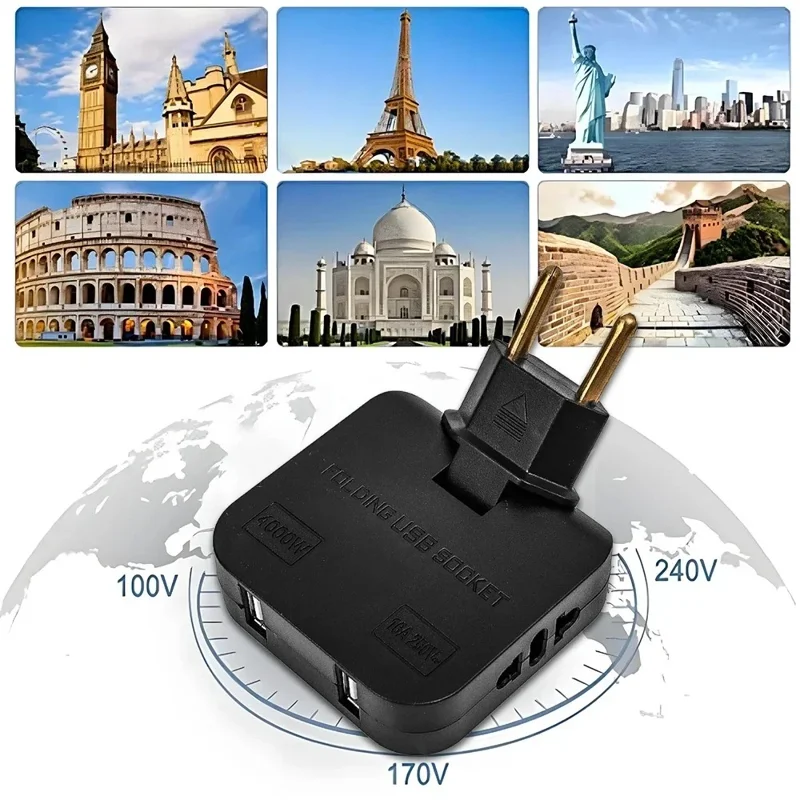 4 i 1 strømforsyning med 2 USB-A + 2 AC-stikkontakter, 180 graders roterbar EU-stikker, 2500 W rejseomformer - Sort