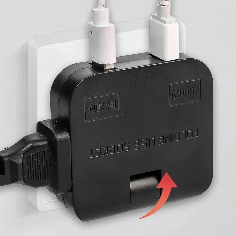 4 i 1 strømforsyning med 2 USB-A + 2 AC-stikkontakter, 180 graders roterbar EU-stikker, 2500 W rejseomformer - Sort