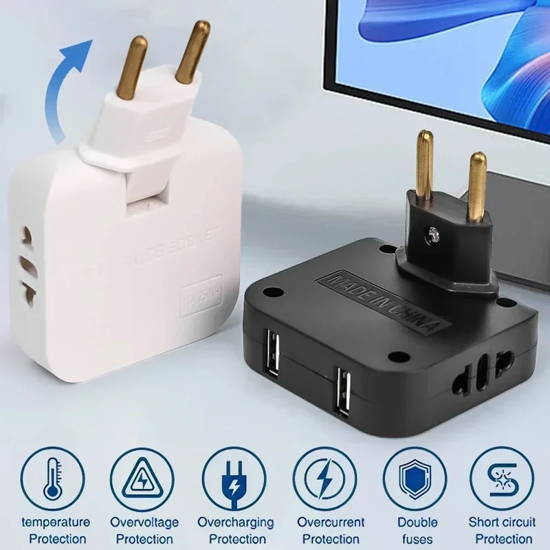 4 in 1 Power Adapter with 2 USB-A + 2 AC Outlets 180 Degree Rotatable EU Plug 2500W Travel Converter - White
