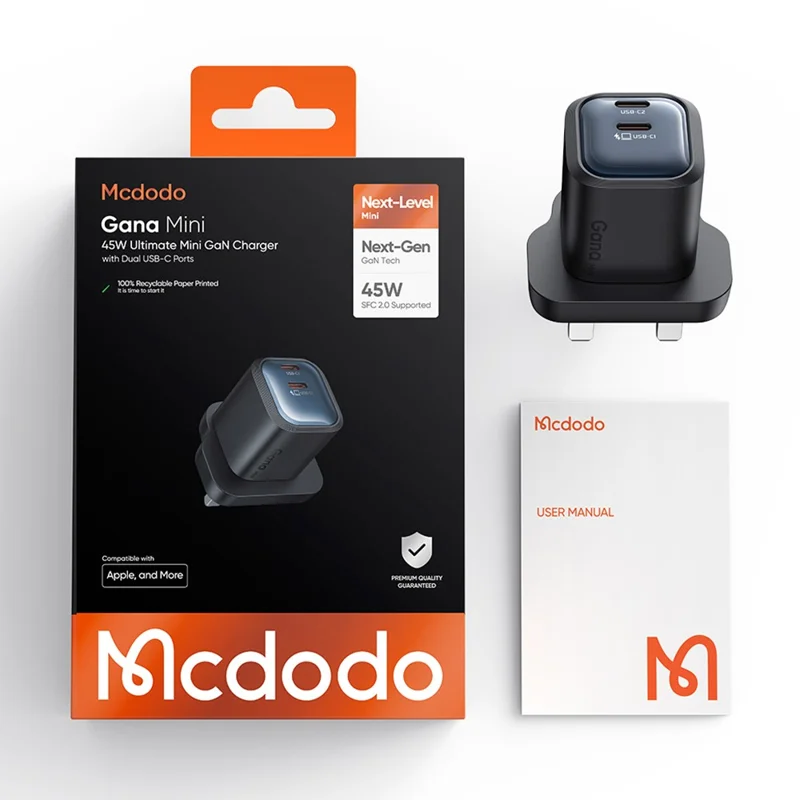 MCDODO CH-0992 UK Plug 45W Fast Charging Adapter Dual USB-C GaN Charger for iPhone iPad MacBook Samsung - Black