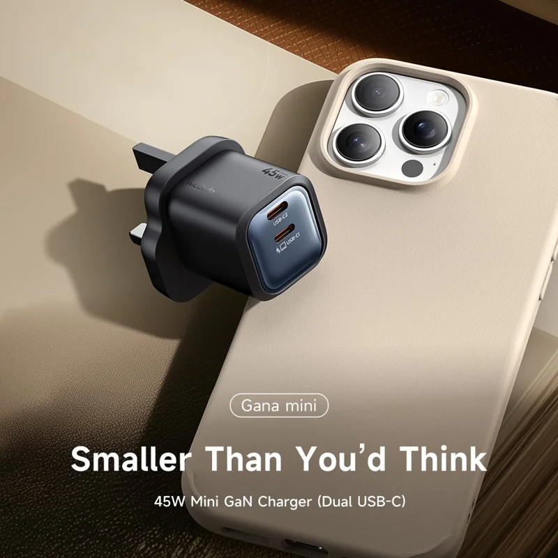 MCDODO CH-0992 UK Plug 45W Fast Charging Adapter Dual USB-C GaN Charger for iPhone iPad MacBook Samsung - Black